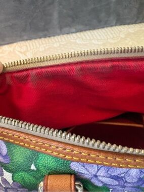 Dooney & Bourke Floral Canvas Satchel with Red Interior and Brown Leather Trim